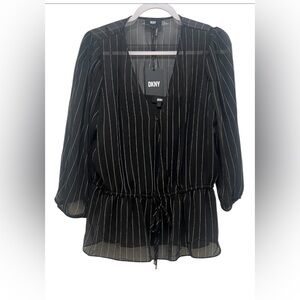 NWT DKNY Large 3/4 sleeve sheer black & white striped Chiffon peplum lined shirt
